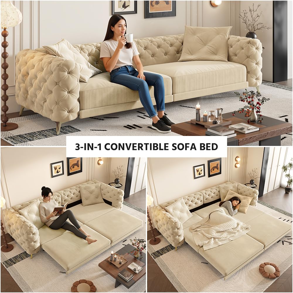98" King Size Velvet Convertible Sofa Bed with Ottoman D18767