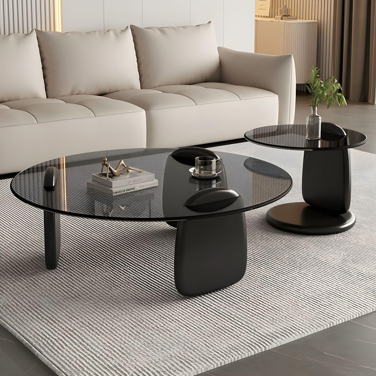 Nesting Coffee Table Set of 2 Glass Round Top Wood Legs L27376