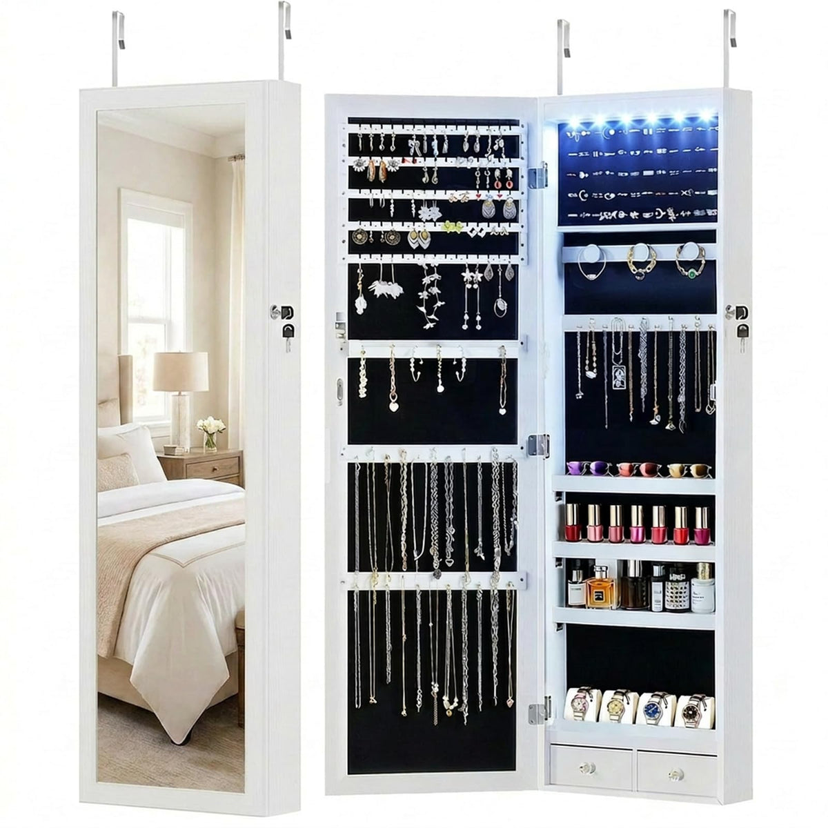 White 6 LEDs Mirror Jewelry Cabinet M784217