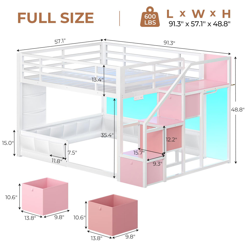 Full Over Full Bunk Bed with Storage Stairs and Drawers, White & Pink I180672