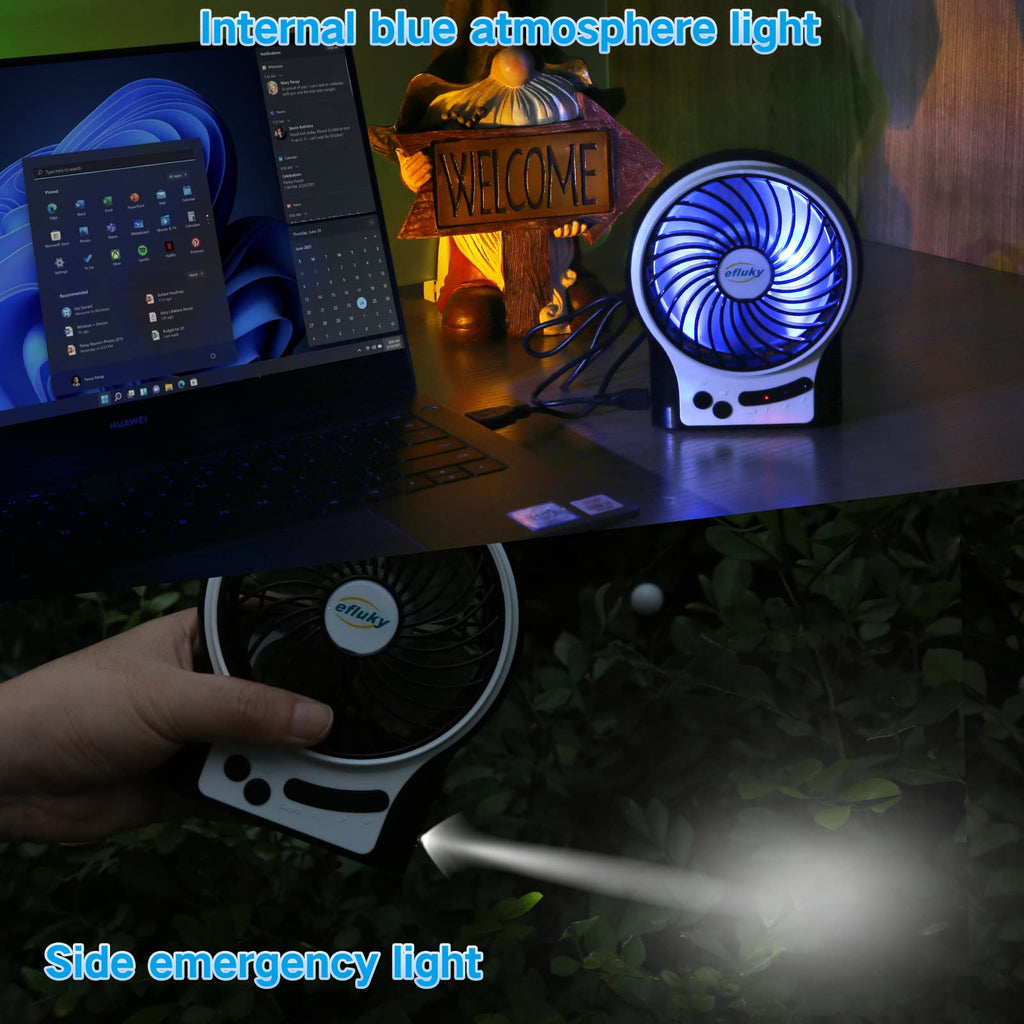 4.9-Inch Mini Desk Fan, 3 Speeds, Rechargeable USB Powered with LED Light, Black C849354