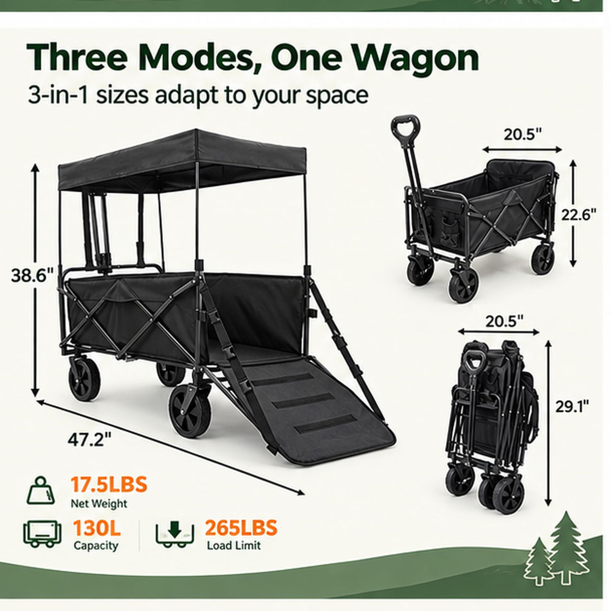 Large Dog Wagon Cart with Canopy, All-Terrain Wheels, Ramp Tailgate R1634