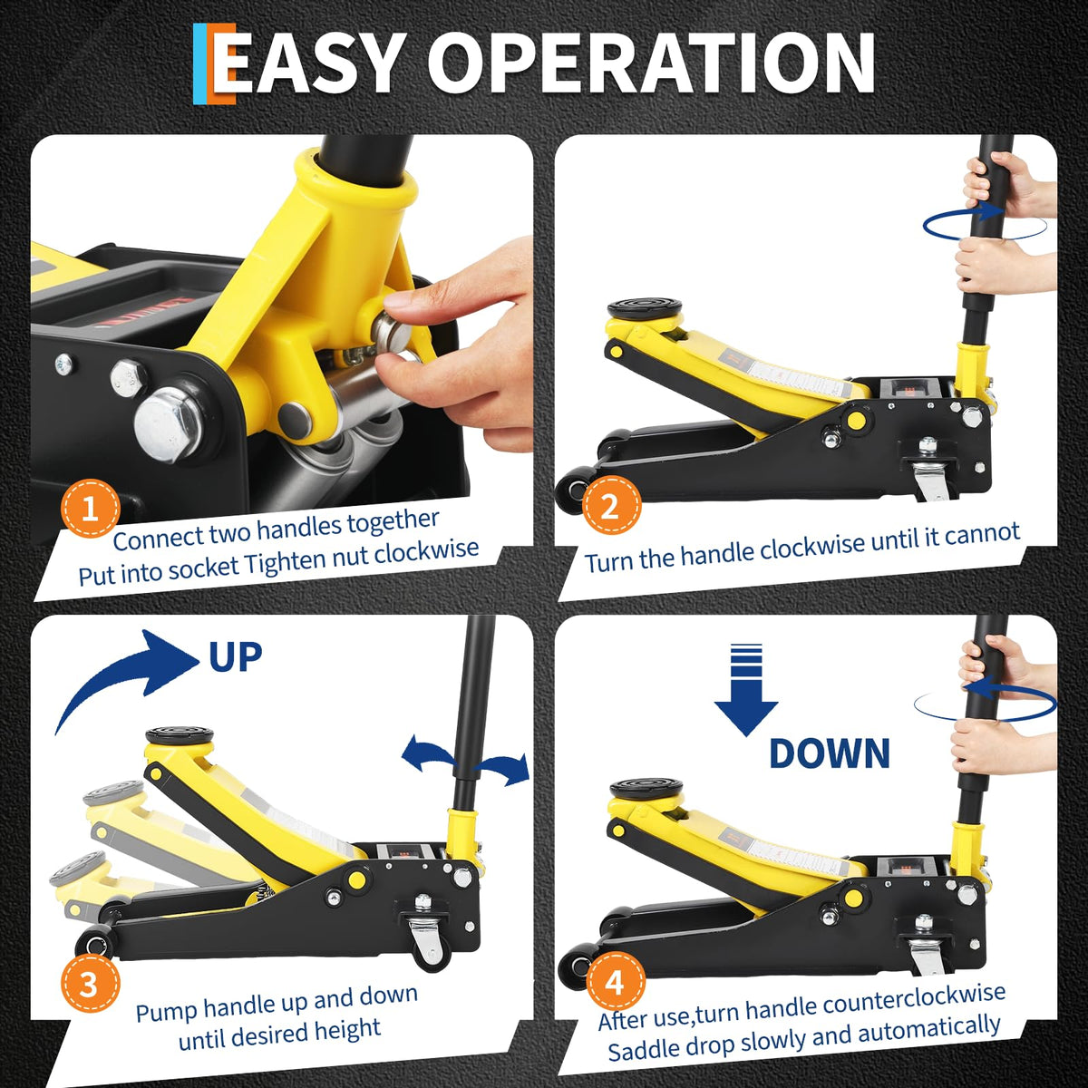 3 Ton Low Profile Hydraulic Floor Jack with Dual Piston Quick Lift Pump Steel Yellow O417