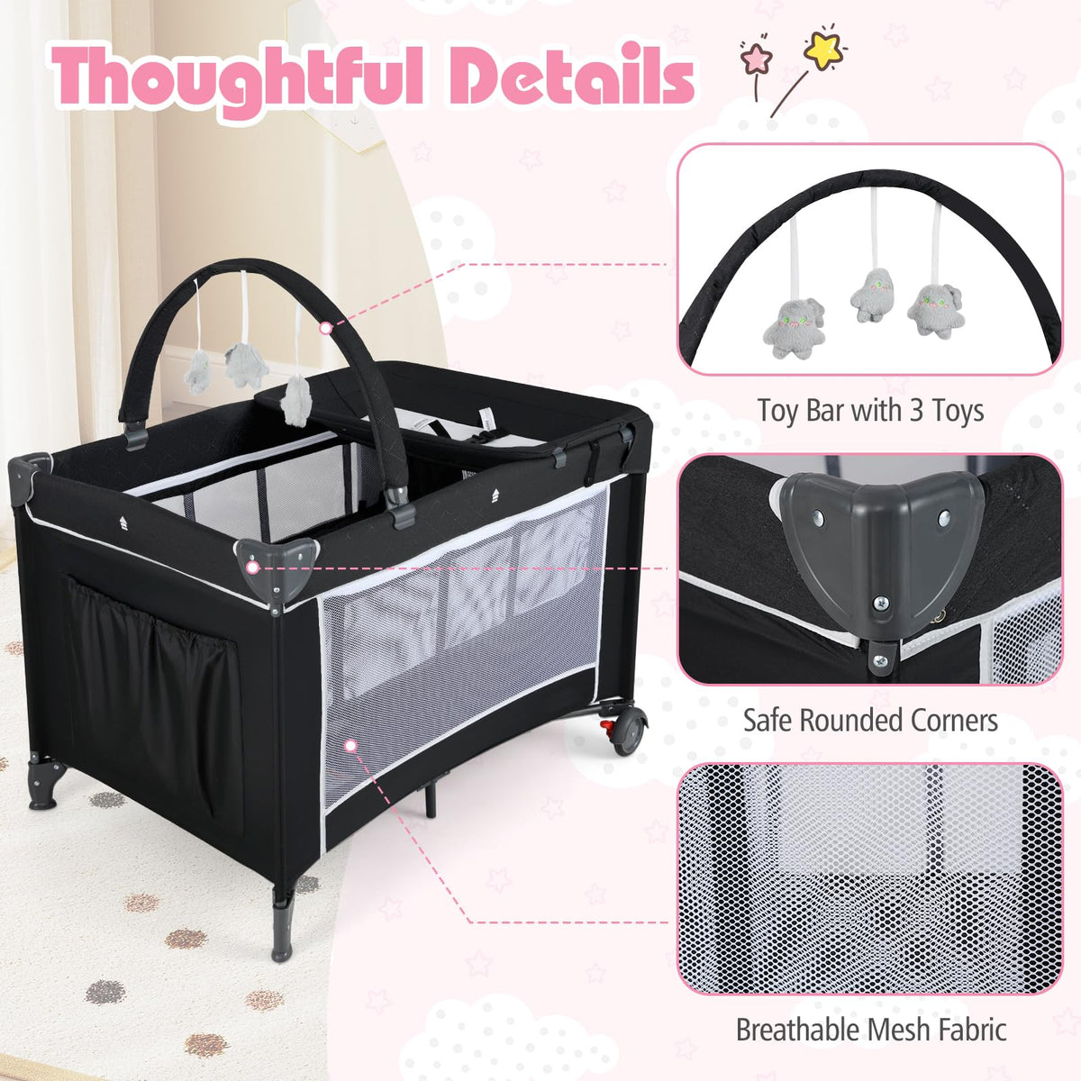 4 in 1 Folding Playpen with Bassinet and Carry Bag B450892