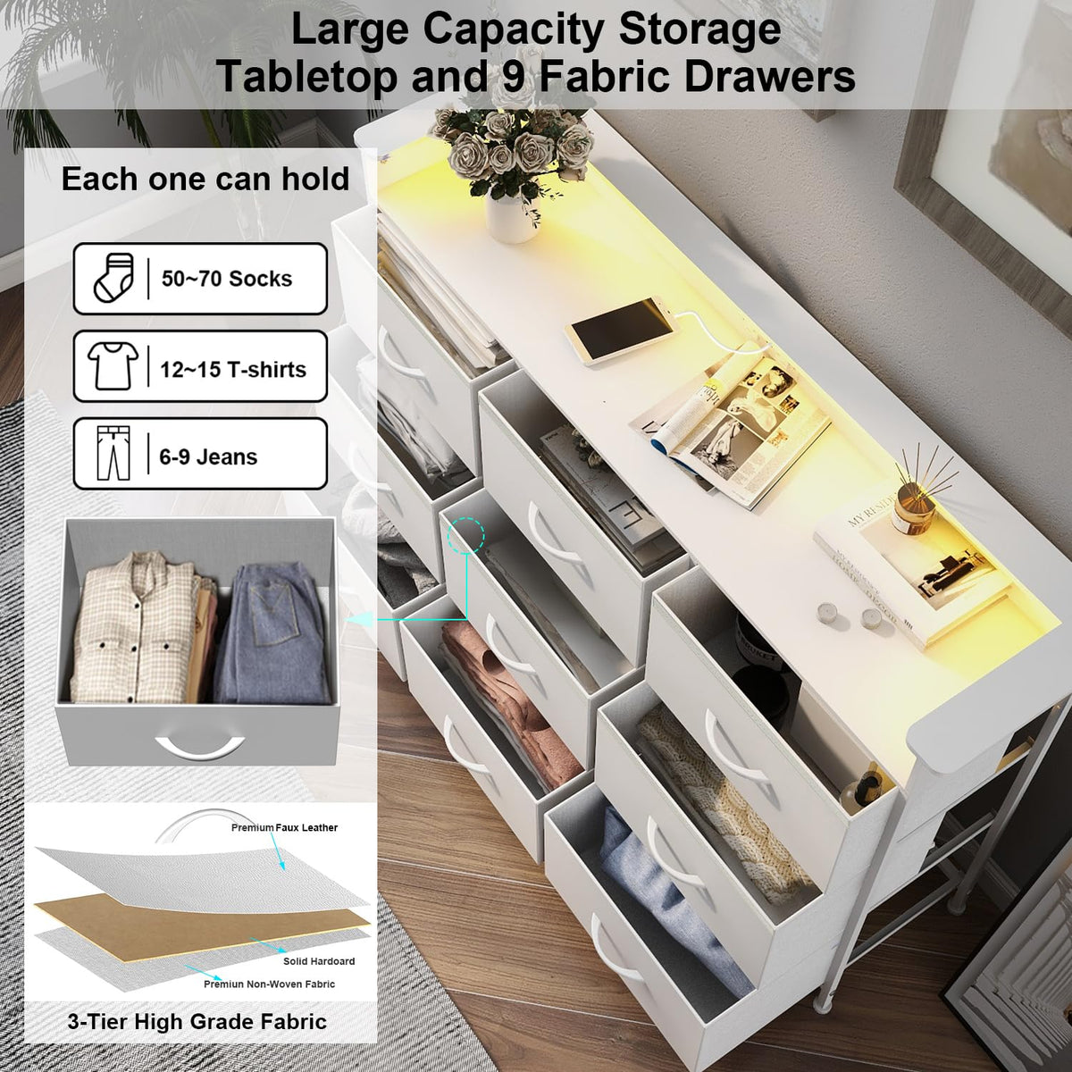 White 9 Drawer Dresser with LED Light and Charging Station T1698