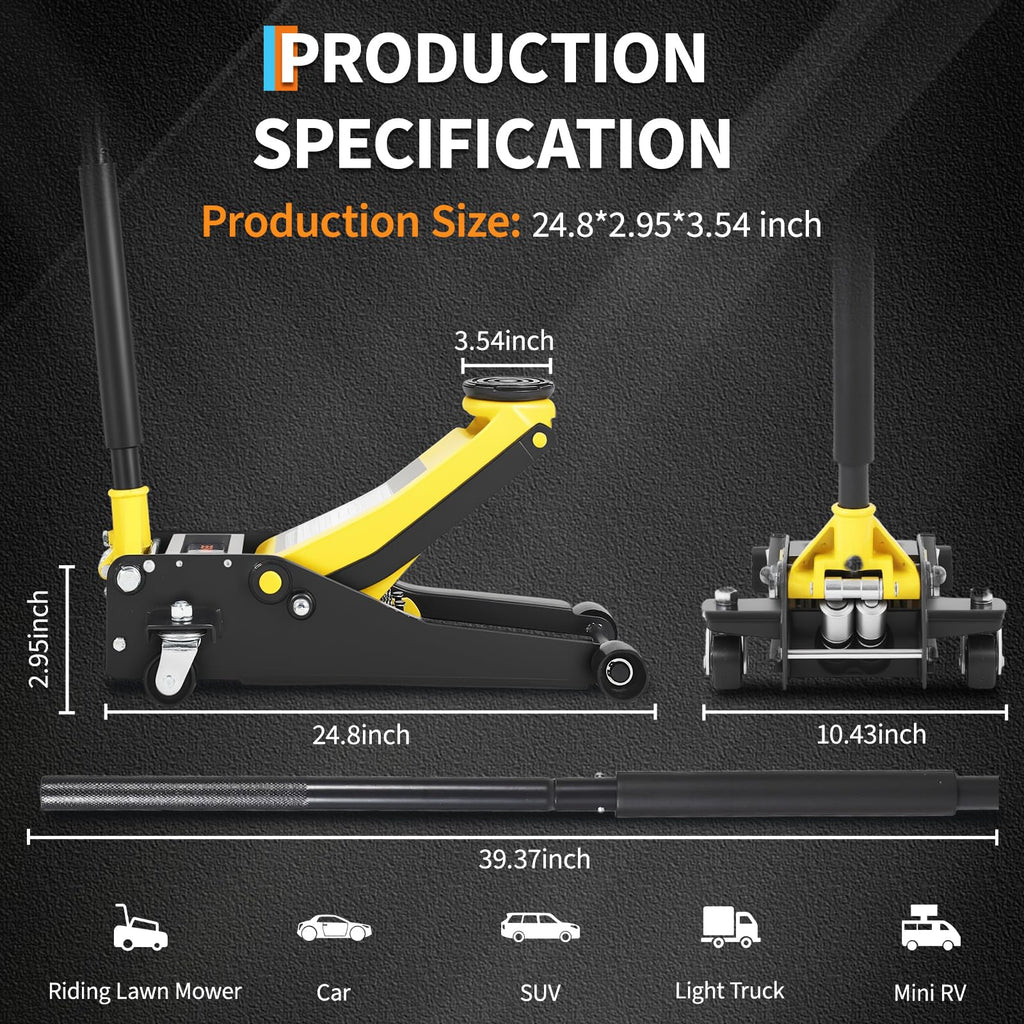 3 Ton Low Profile Hydraulic Floor Jack with Dual Piston Quick Lift Pump Steel Yellow O417