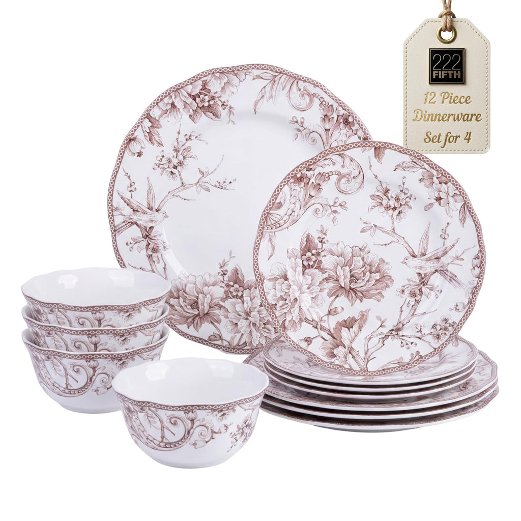Brown on White 12-Piece Porcelain Dinnerware Set Y9118