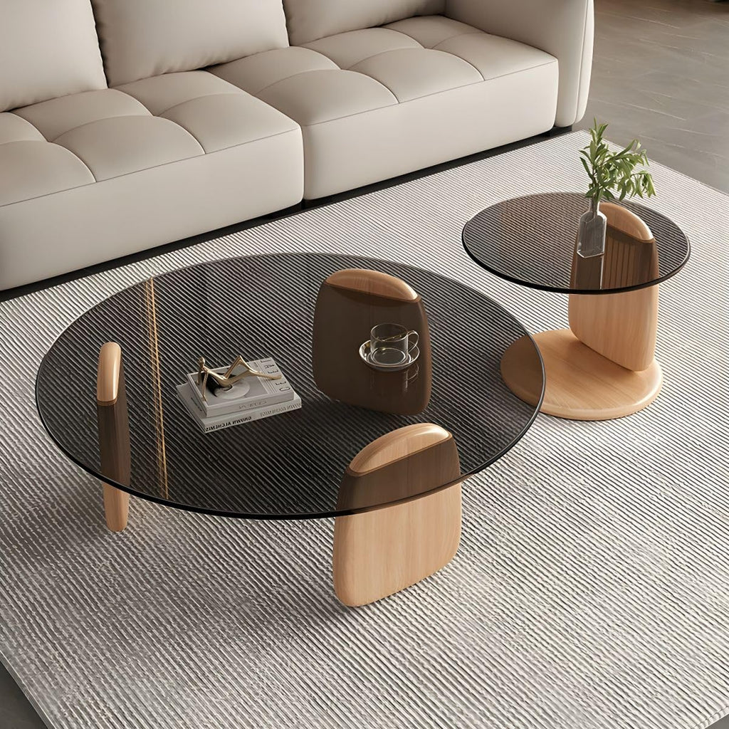 Nesting Coffee Table Set of 2 Glass Round Top Wood Legs L27376