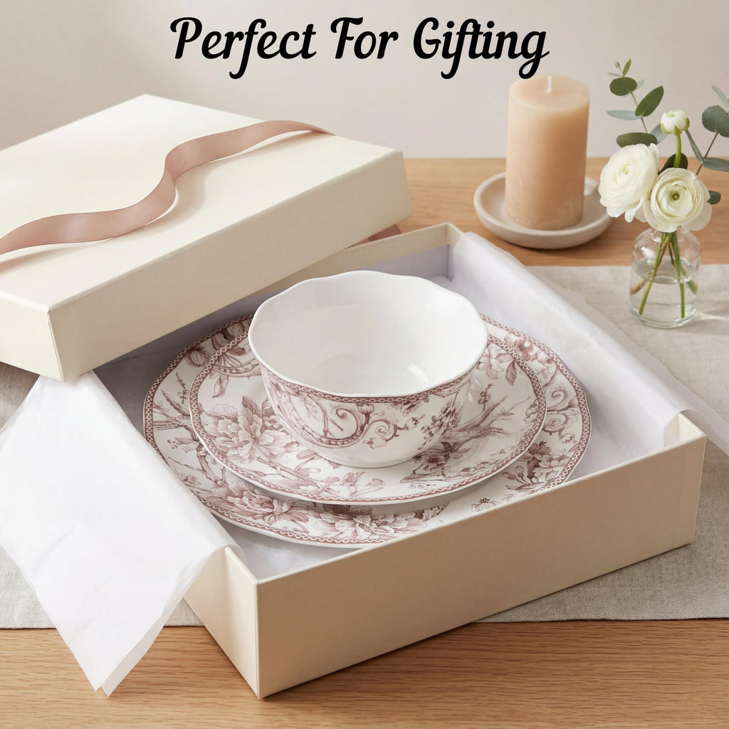 Brown on White 12-Piece Porcelain Dinnerware Set Y9118