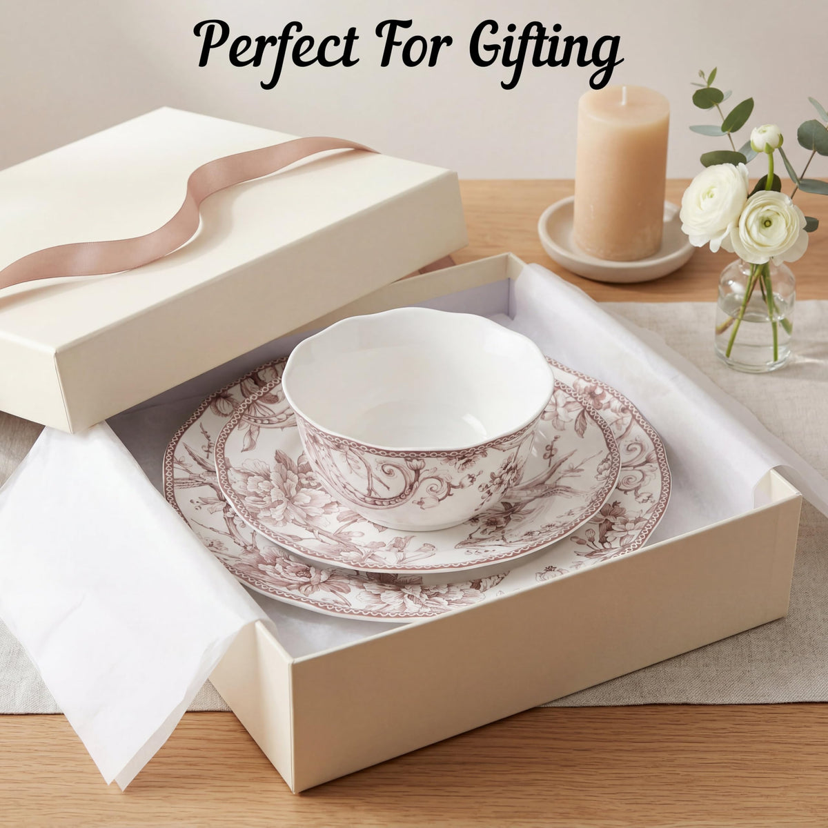 Brown on White 12-Piece Porcelain Dinnerware Set Y9118
