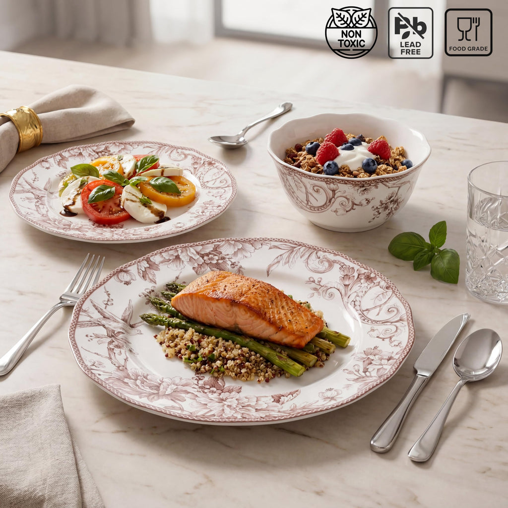 Brown on White 12-Piece Porcelain Dinnerware Set Y9118