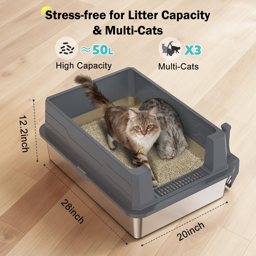 Stainless Steel Extra Large Cat Litter Box with High Sided Lid and Litter Scoop Z58678