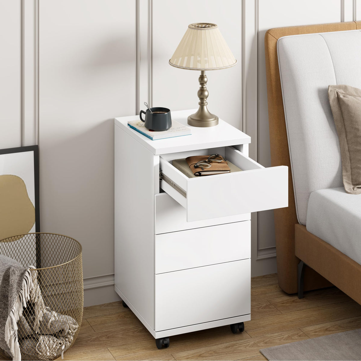 White 4 Drawer Wood Storage Cabinet with Wheels F74508