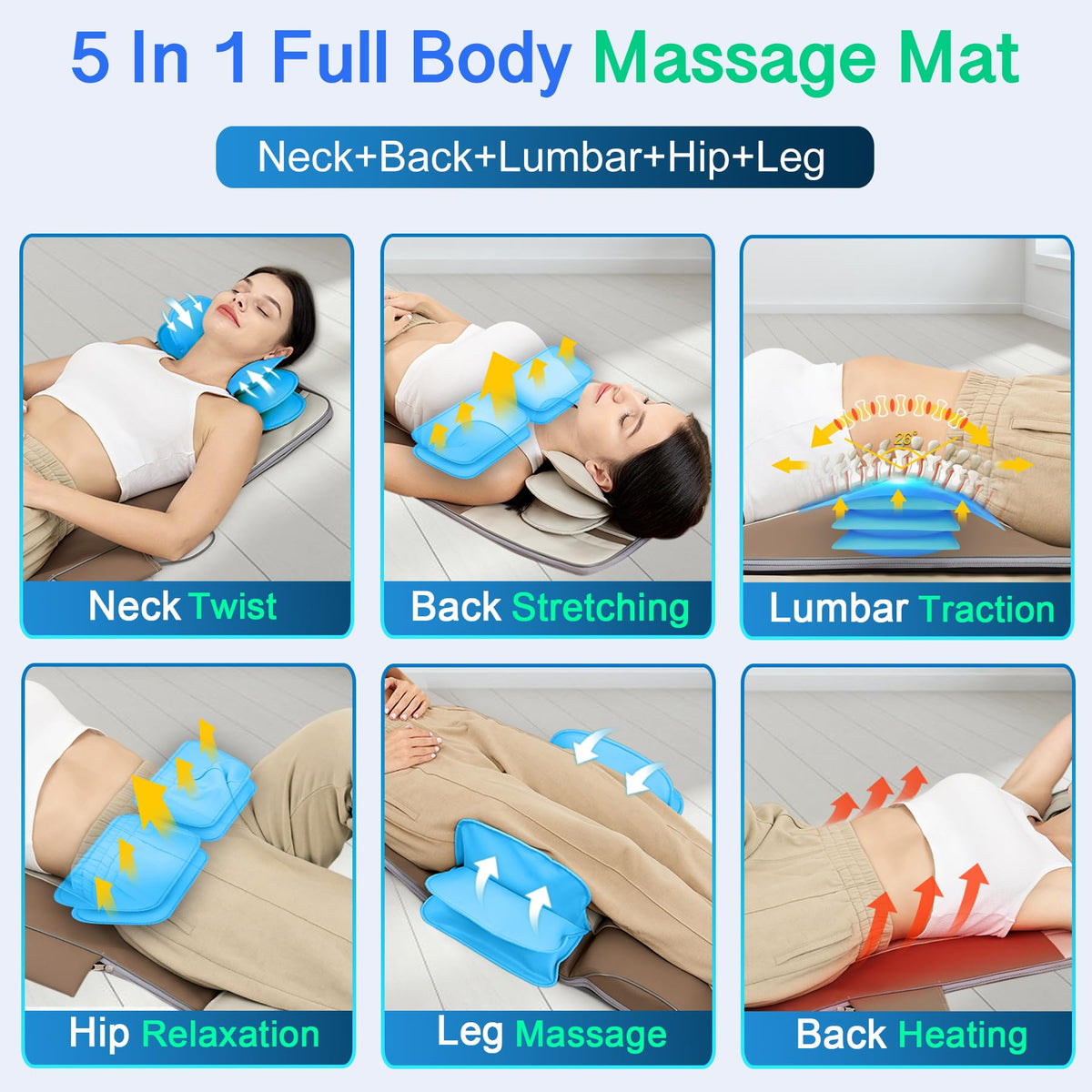 Full Body Massage Mat with Airbags Stretching & Heating, 3D Lumbar Traction, 4 Modes 3 Intensities 3 Heat Levels, PU Leather, Portable & Foldable P7621