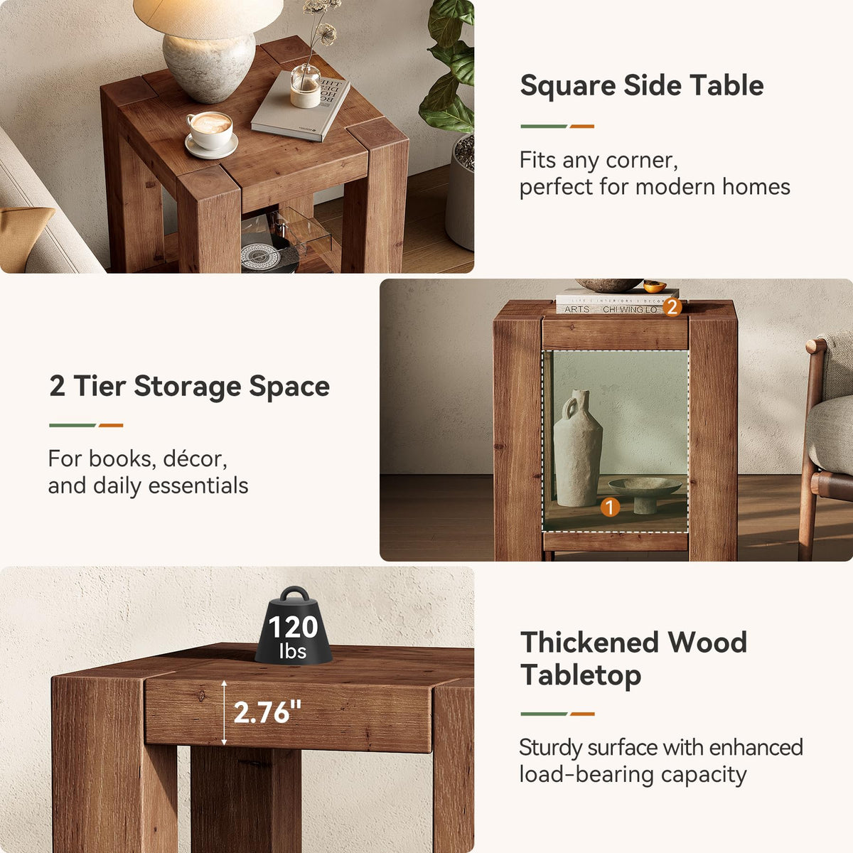 Solid Wood 2-Tier Side Table Set of 2 with Storage Shelves N5734