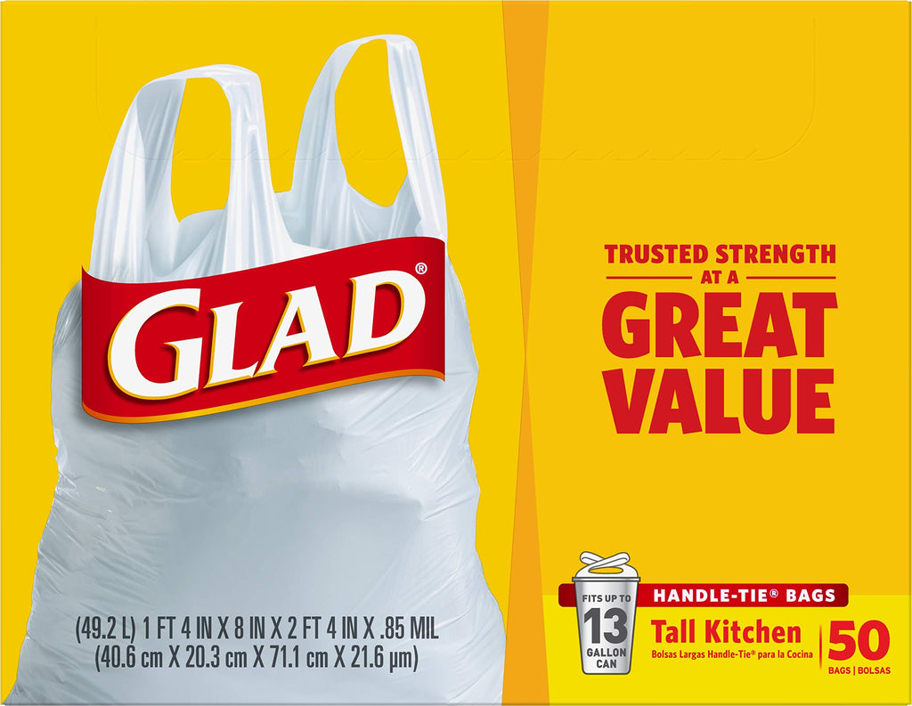 Tall Kitchen Trash Bags 13 Gallon Unscented Handle-Tie 50 Count V632949