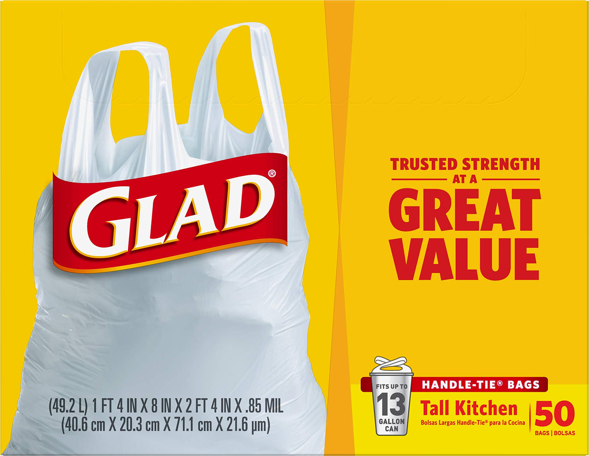 Tall Kitchen Trash Bags 13 Gallon Unscented Handle-Tie 50 Count V632949