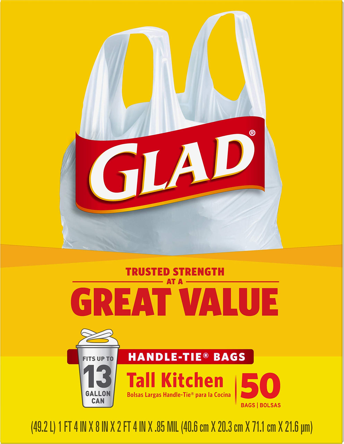 Tall Kitchen Trash Bags 13 Gallon Unscented Handle-Tie 50 Count V632949
