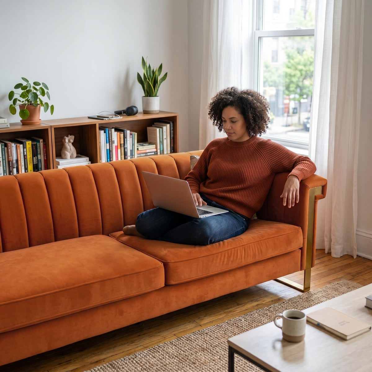 Orange Velvet 3-Seater Sofa S467257