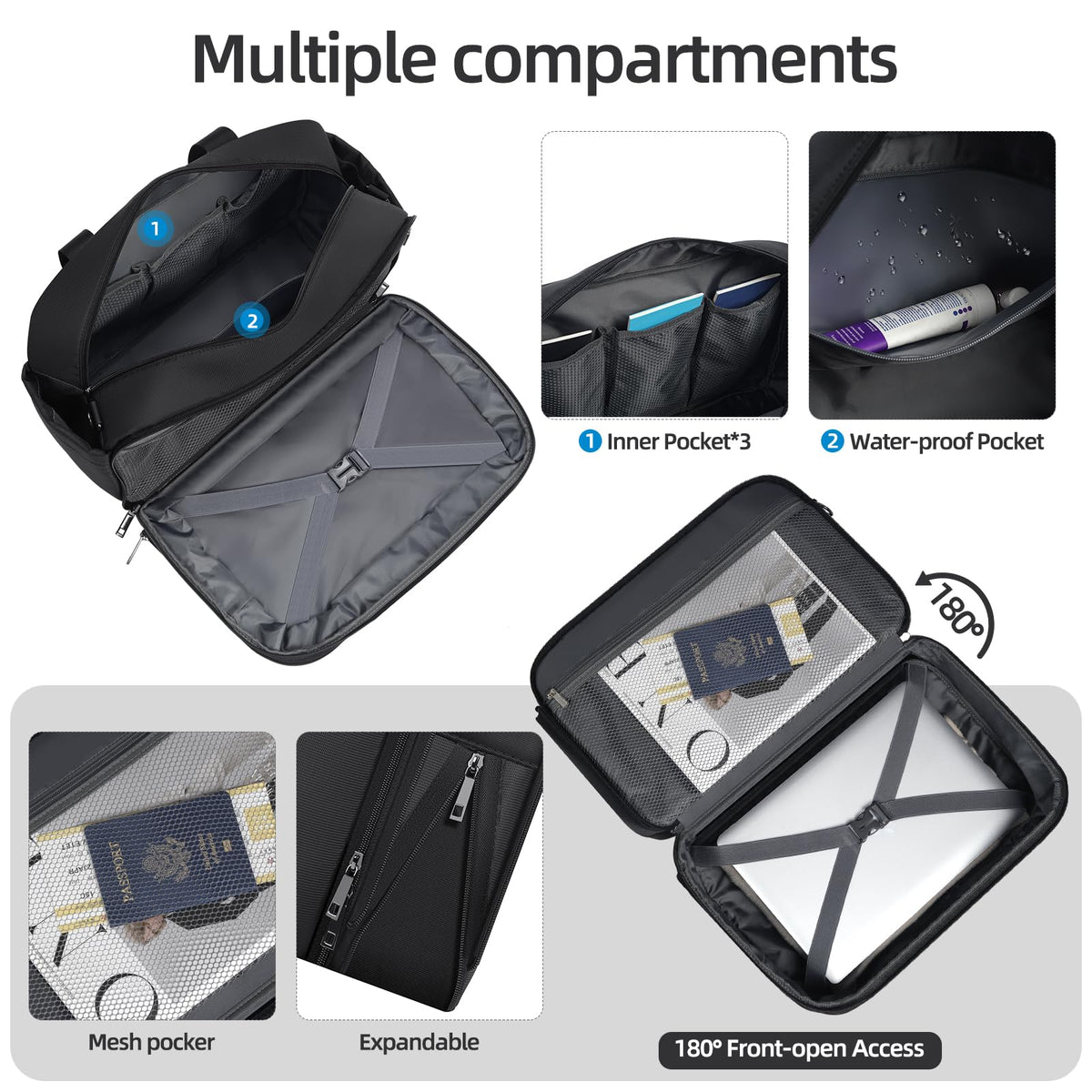 Black Expandable Carry-On Luggage Duffel Bag with Adjustable Strap Z534519