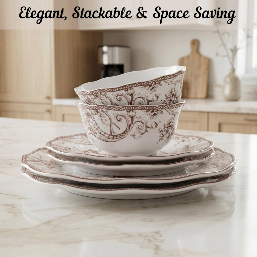 Brown on White 12-Piece Porcelain Dinnerware Set Y9118