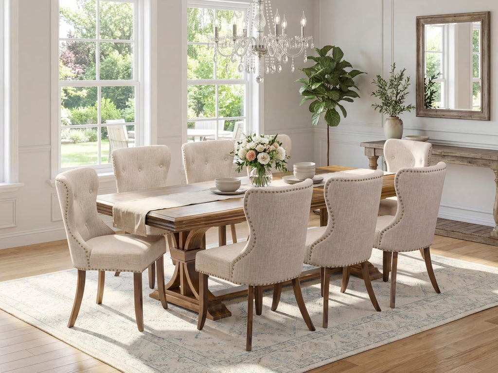 9-piece Dining Table Set with 8 Light Tan Linen Fabric Chairs L371