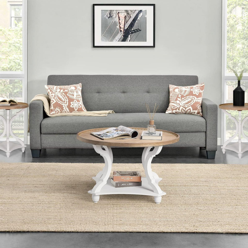 Farmhouse Round Coffee Table with Storage Shelf N1824