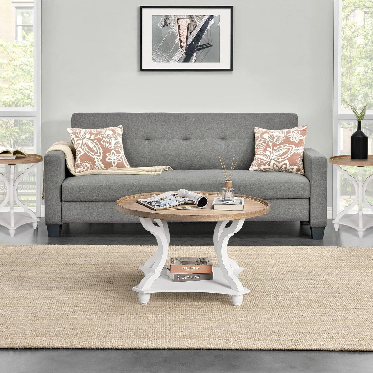 Farmhouse Round Coffee Table with Storage Shelf N1824