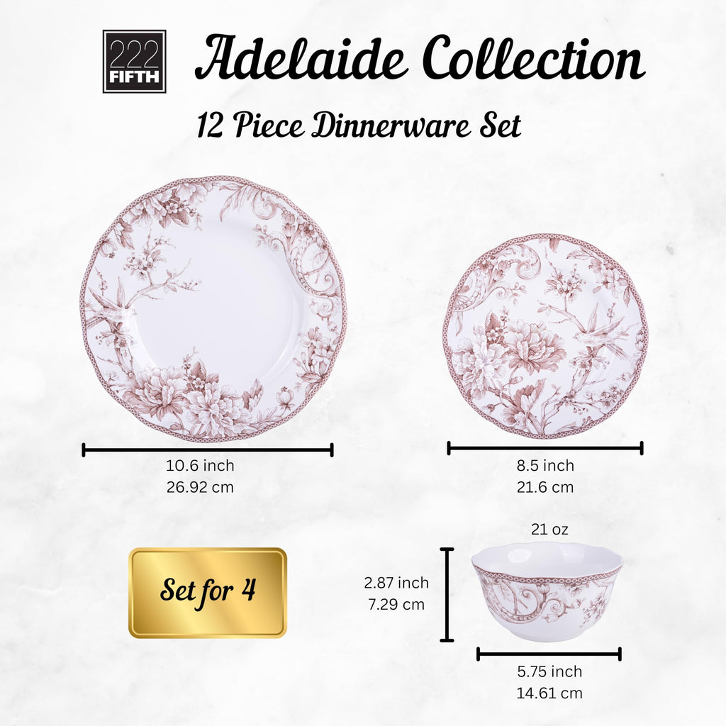 Brown on White 12-Piece Porcelain Dinnerware Set Y9118