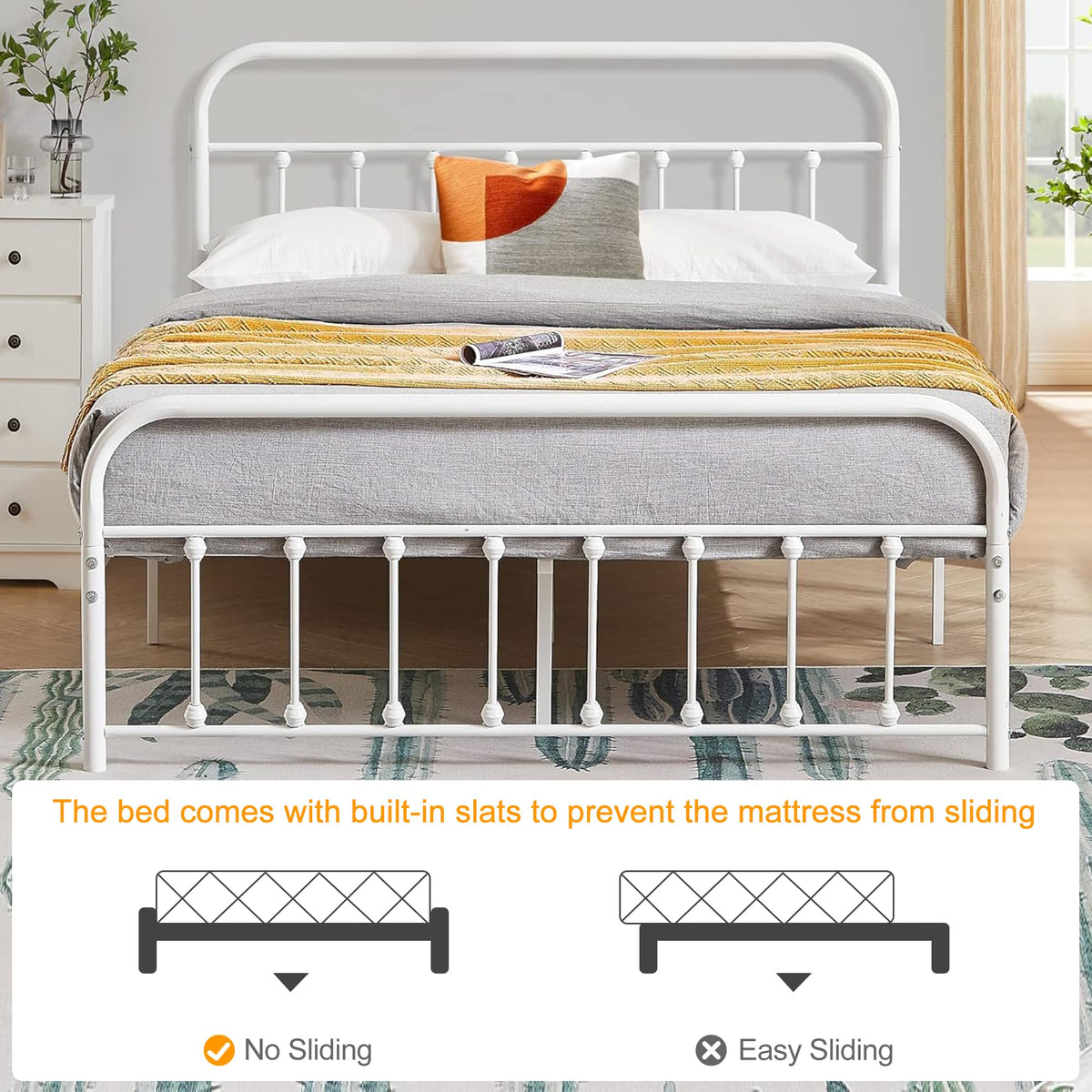 Full Size White Metal Bed Frame with Headboard N2779