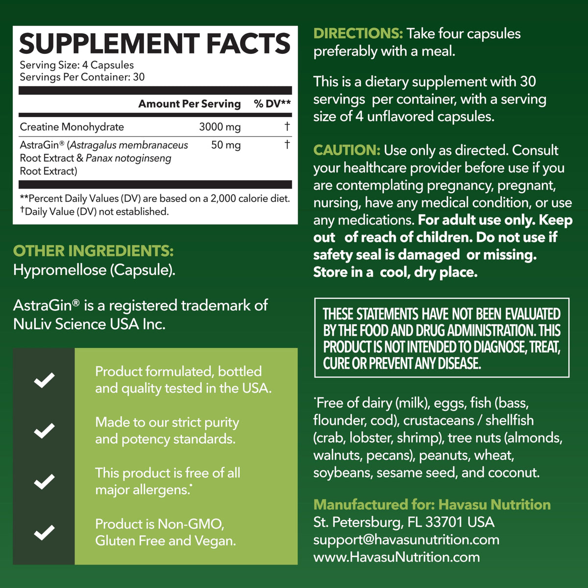 Creatine Monohydrate Capsules 3g Per Serving E484