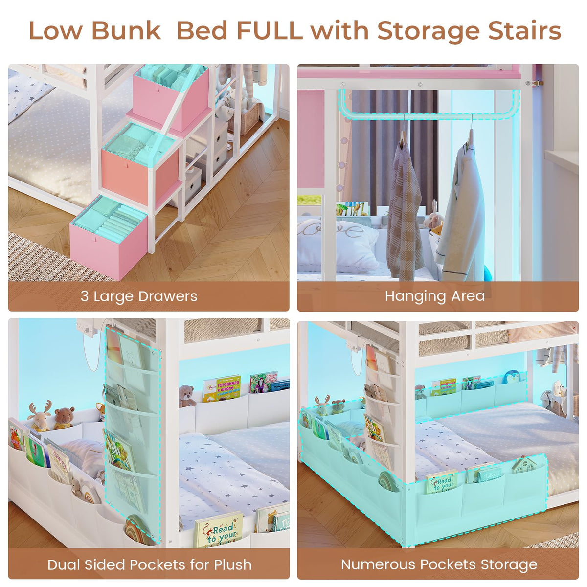 Full Over Full Bunk Bed with Storage Stairs and Drawers, White & Pink I180672