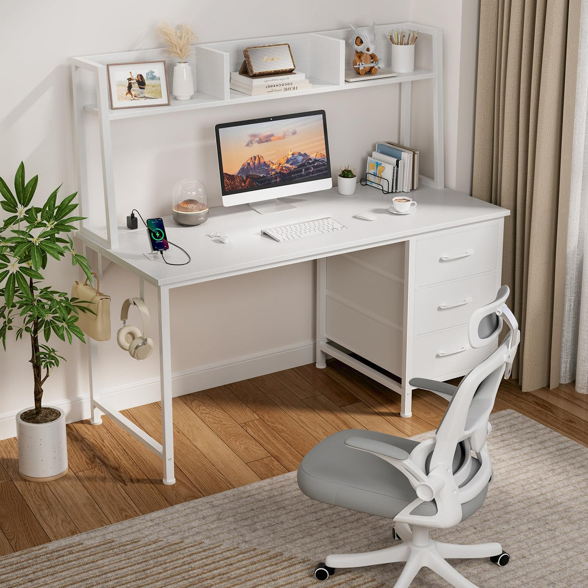 White Computer Desk with Hutch & Drawers 47 Inch C41535