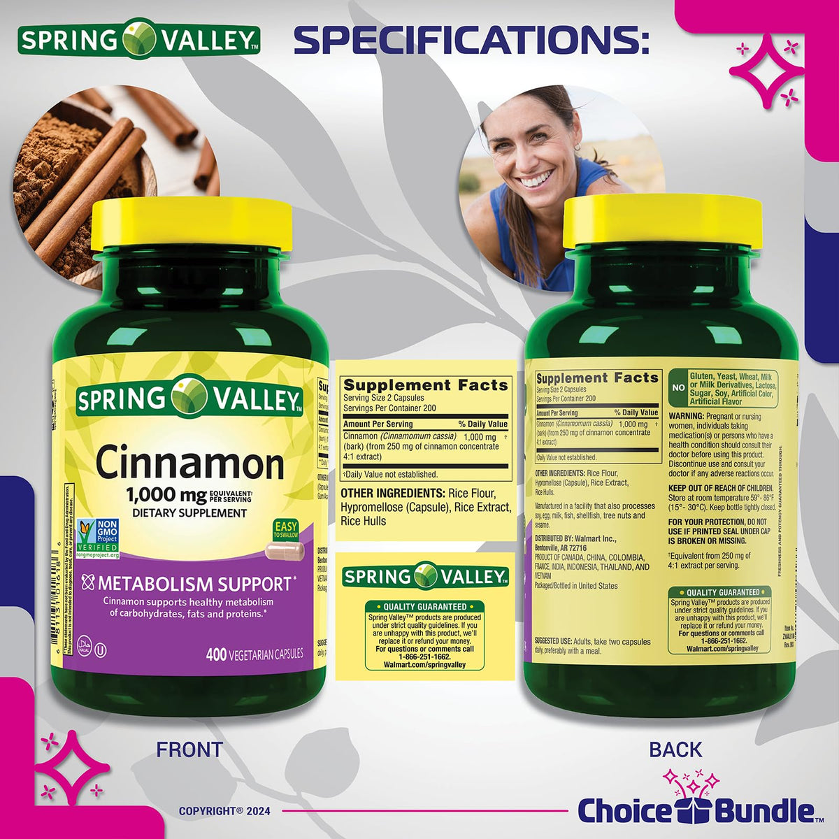 Cinnamon Supplement 1000mg 400 ct Vegetarian Capsules J143
