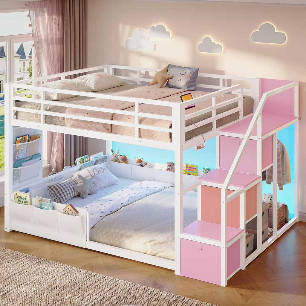 Full Over Full Bunk Bed with Storage Stairs and Drawers, White & Pink I180672