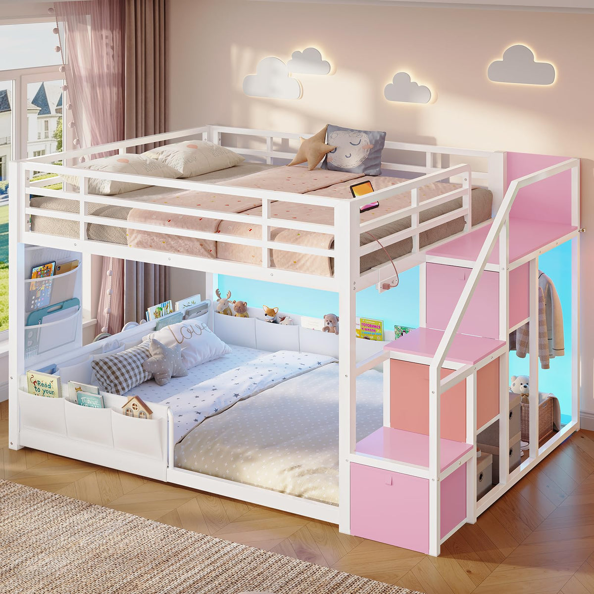Full Over Full Bunk Bed with Storage Stairs and Drawers, White & Pink I180672