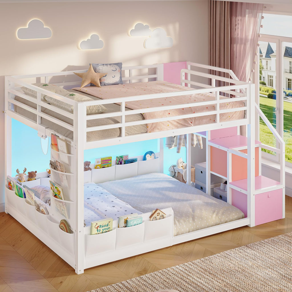 Full Over Full Bunk Bed with Storage Stairs and Drawers, White & Pink I180672