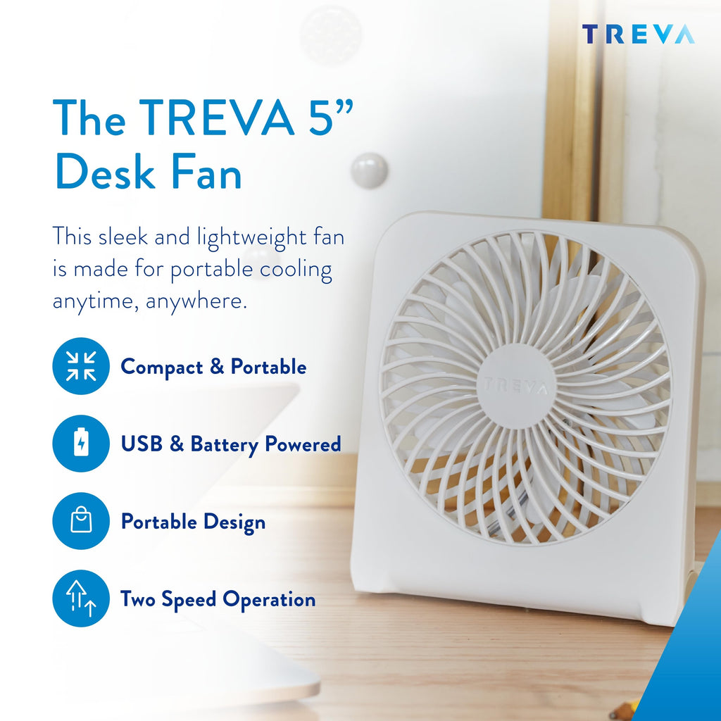 5 in USB Battery Powered Desk Fan Adjustable Tilt 2-Speed White J8730
