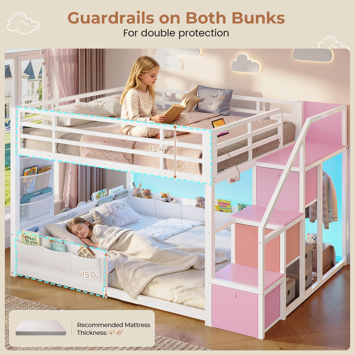 Full Over Full Bunk Bed with Storage Stairs and Drawers, White & Pink I180672