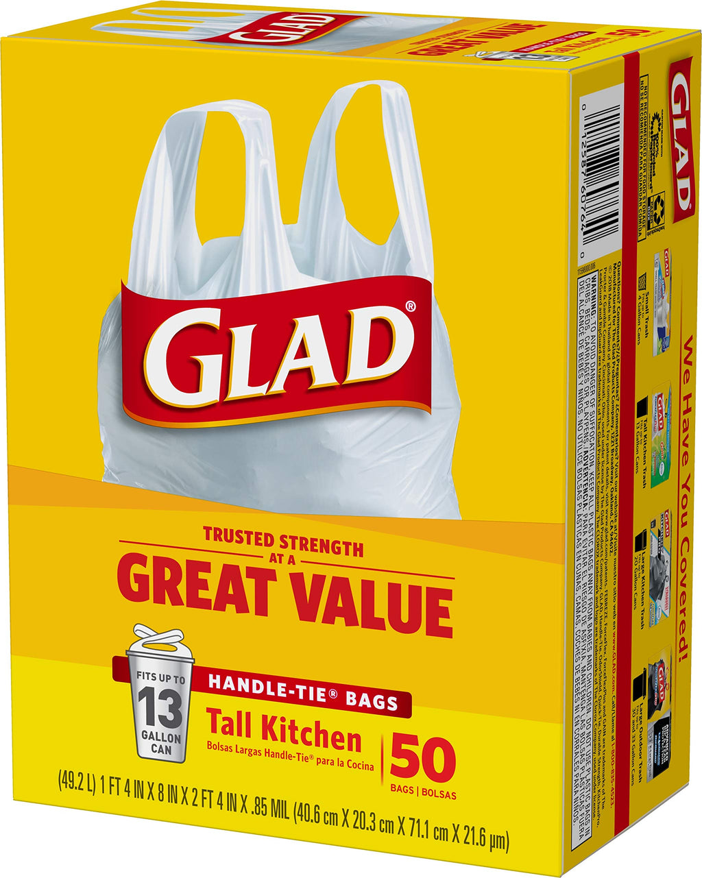 Tall Kitchen Trash Bags 13 Gallon Unscented Handle-Tie 50 Count V632949