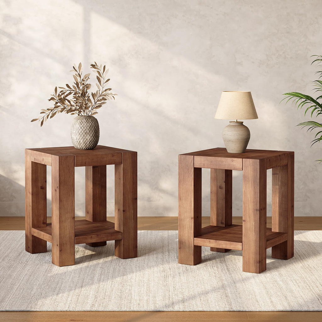 Solid Wood 2-Tier Side Table Set of 2 with Storage Shelves N5734