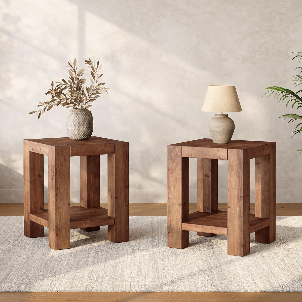 Solid Wood 2-Tier Side Table Set of 2 with Storage Shelves N5734