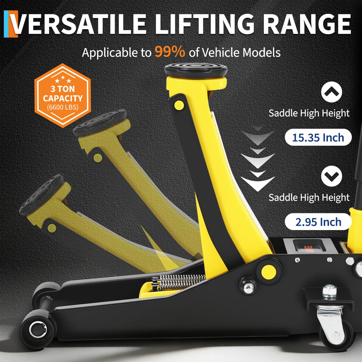 3 Ton Low Profile Hydraulic Floor Jack with Dual Piston Quick Lift Pump Steel Yellow O417