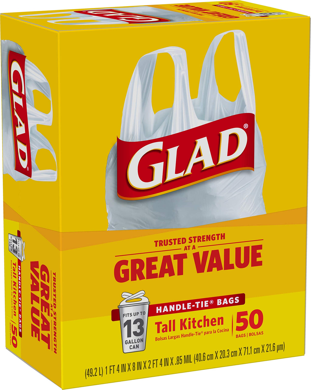 Tall Kitchen Trash Bags 13 Gallon Unscented Handle-Tie 50 Count V632949