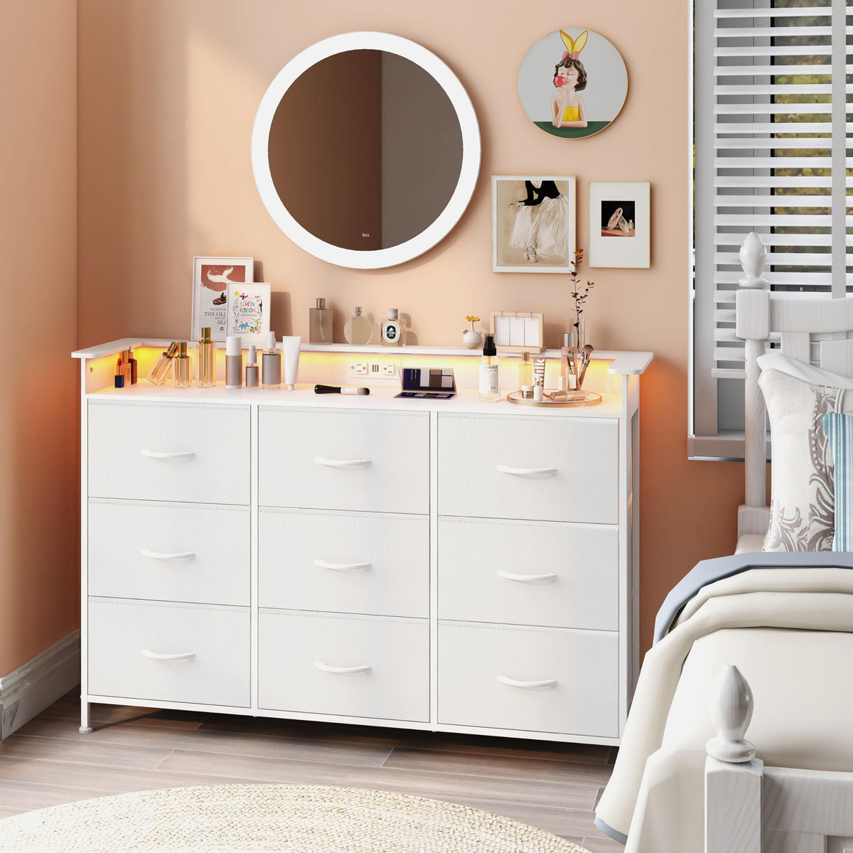 White 9 Drawer Dresser with LED Light and Charging Station T1698