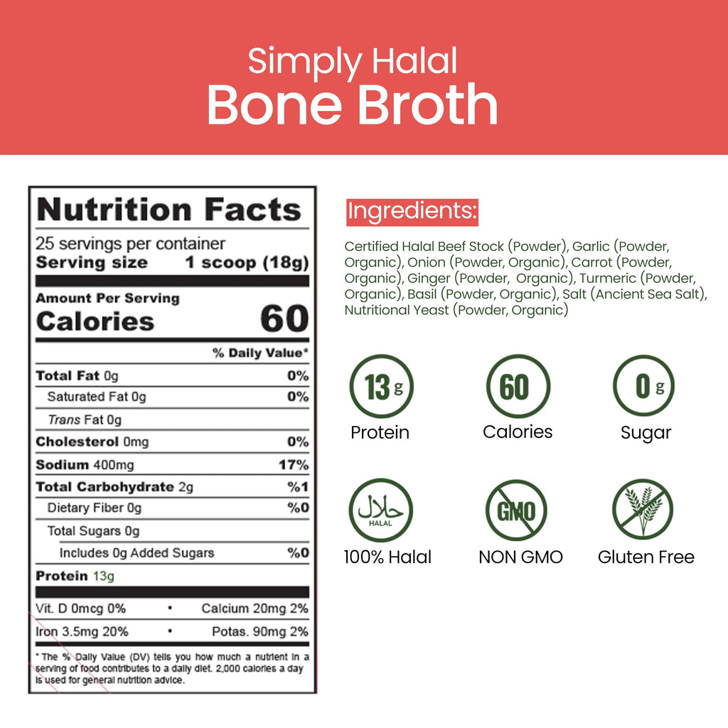 Halal Bone Broth Protein Powder, Grass-Fed Hydrolyzed Collagen, 25 Servings 16 Oz B560
