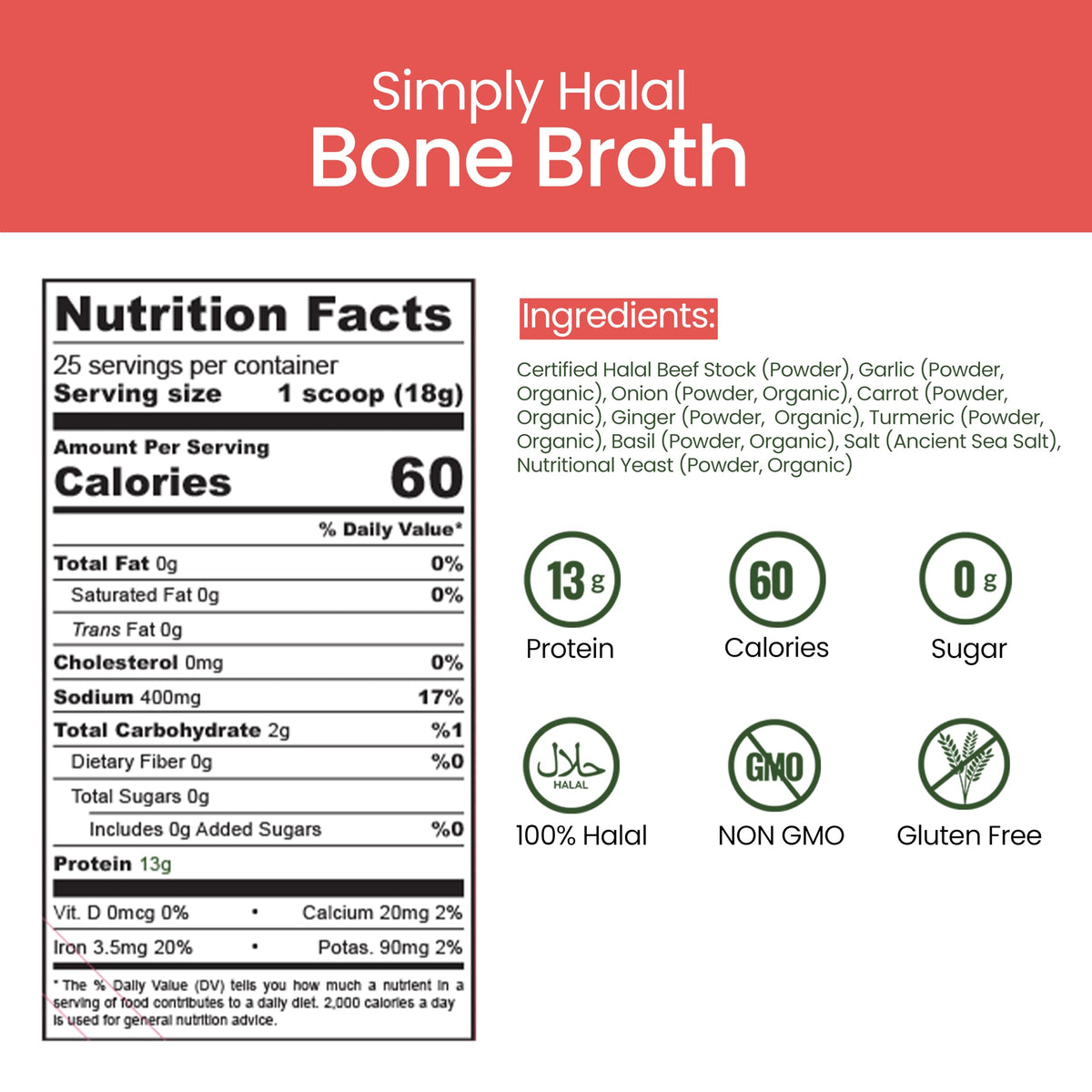 Halal Bone Broth Protein Powder, Grass-Fed Hydrolyzed Collagen, 25 Servings 16 Oz B560