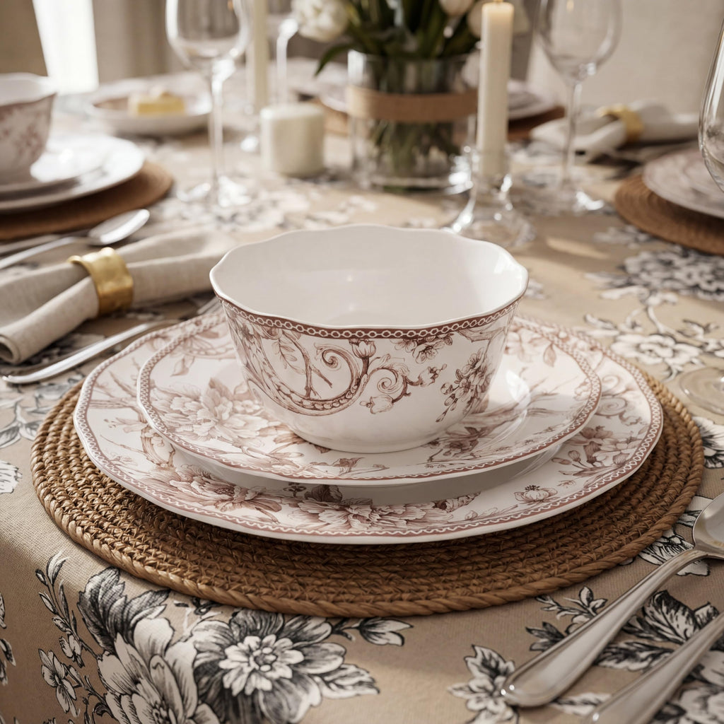 Brown on White 12-Piece Porcelain Dinnerware Set Y9118
