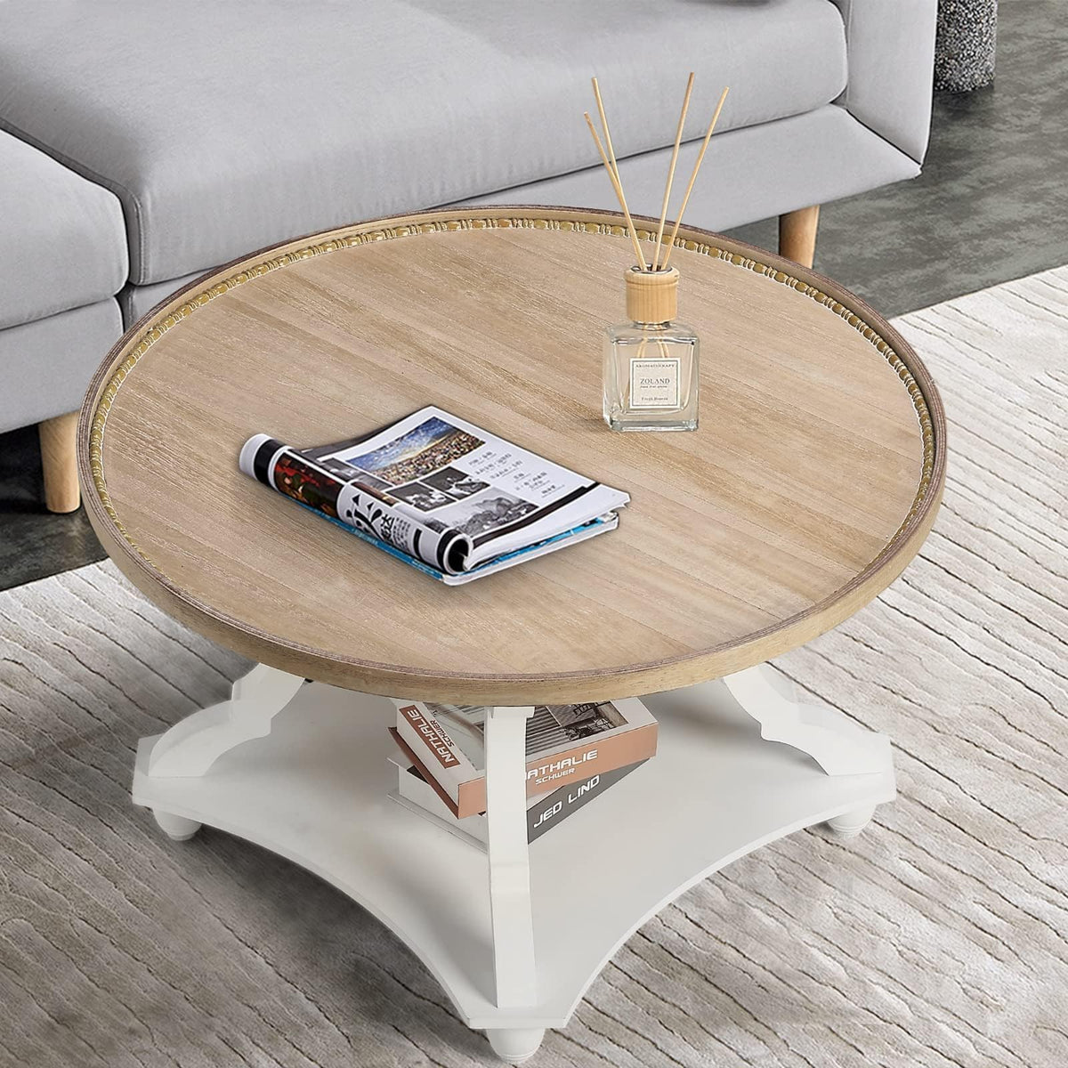 Farmhouse Round Coffee Table with Storage Shelf N1824