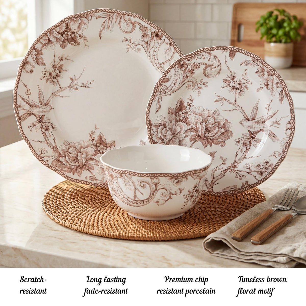 Brown on White 12-Piece Porcelain Dinnerware Set Y9118